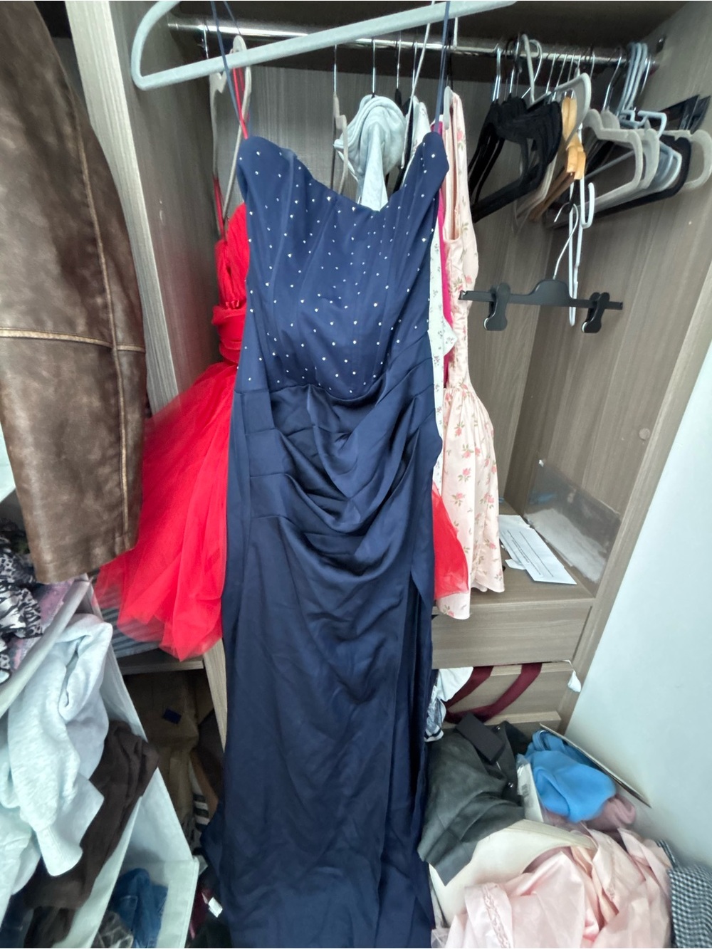 Navy Blue Strapless dress with Embellished Bodice